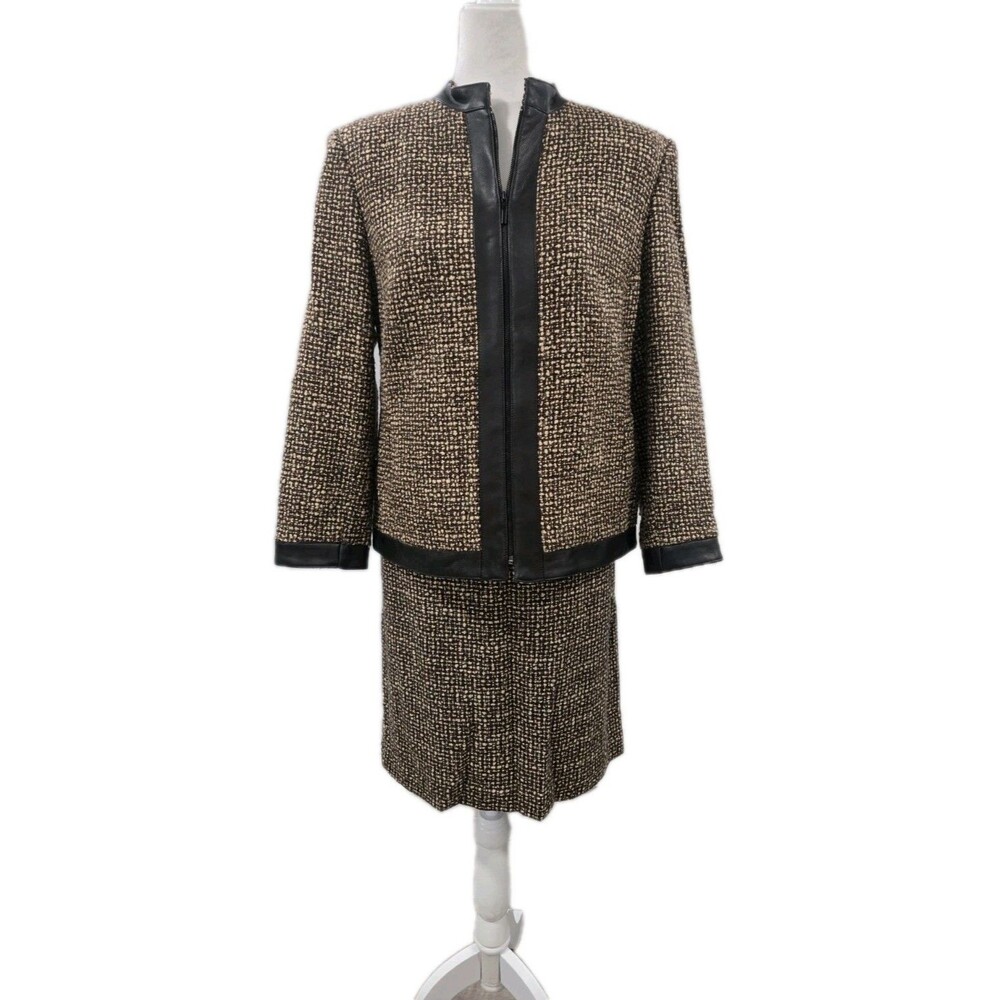 Kate Hill 2 Piece Skirt Suit Wool Blend Leather Trim Womens Size 10/12